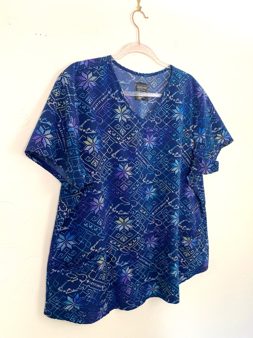 Cherokee 2XL Winter Scrub Top Blue Bird's Eye Knit Print Bunny Let It Snow
